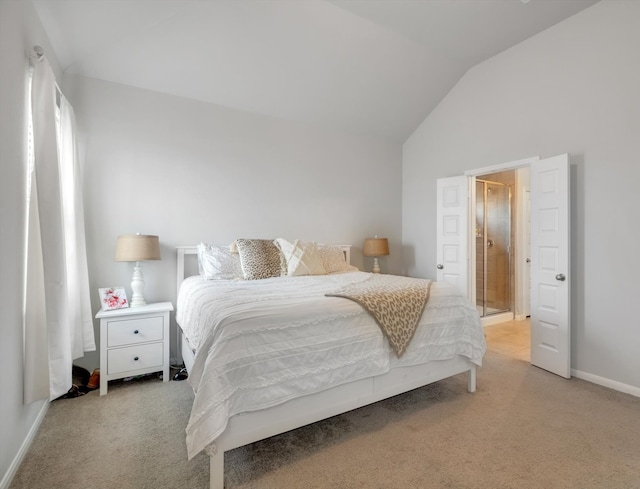 bedroom featuring light carpet, baseboards, and lofted ceiling