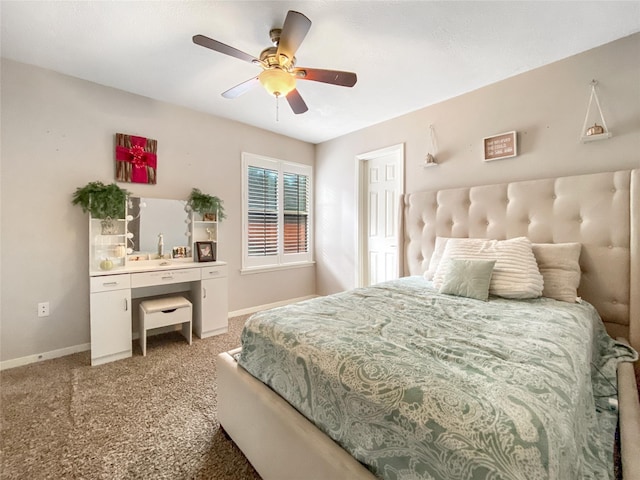 bedroom with ceiling fan, light colored carpet, and baseboards