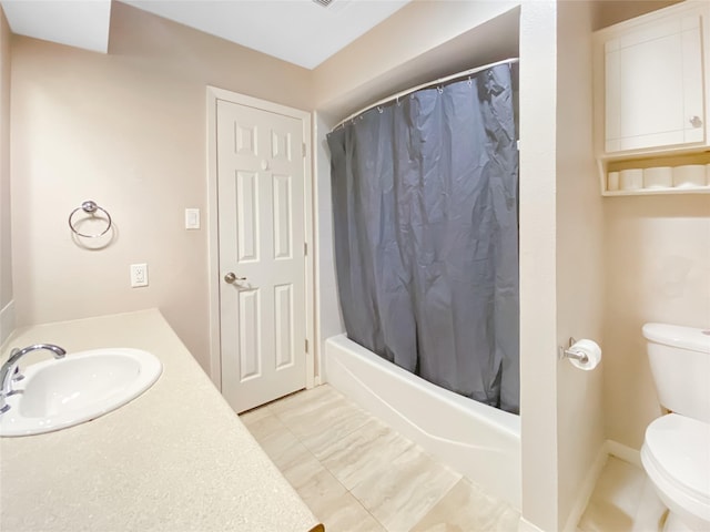 full bath featuring toilet, shower / bath combination with curtain, and vanity