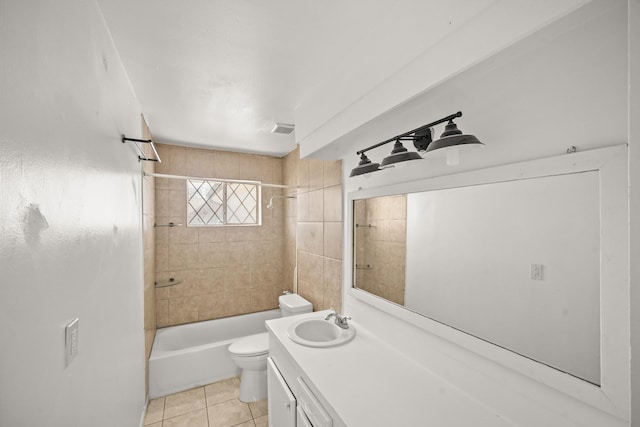 full bath with visible vents, toilet, shower / tub combination, tile patterned floors, and vanity