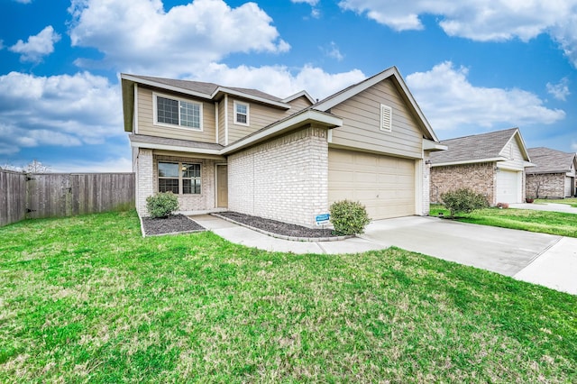 traditional-style house featuring driveway, an attached garage, fence, a front yard, and brick siding