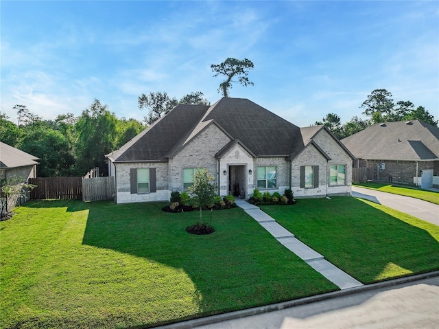 view of front of home featuring a front lawn, a shingled roof, and fence