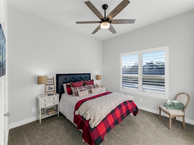 bedroom with carpet floors, baseboards, and a ceiling fan