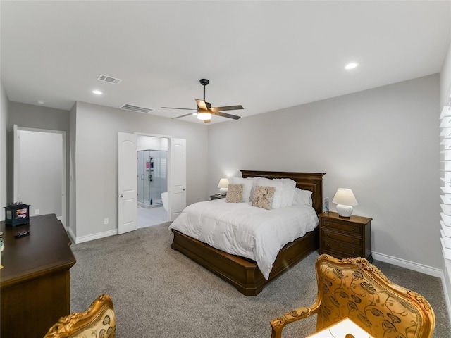 carpeted bedroom featuring visible vents, ceiling fan, and baseboards