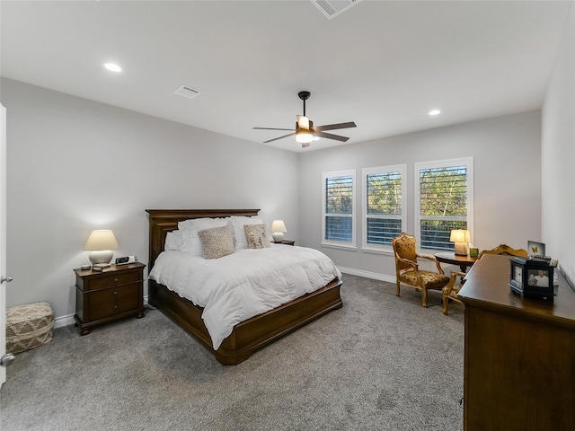 carpeted bedroom featuring a ceiling fan, recessed lighting, visible vents, and baseboards