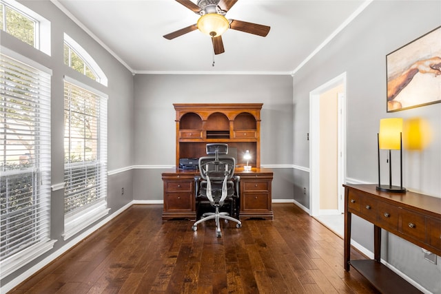 home office with baseboards, ornamental molding, and dark wood finished floors