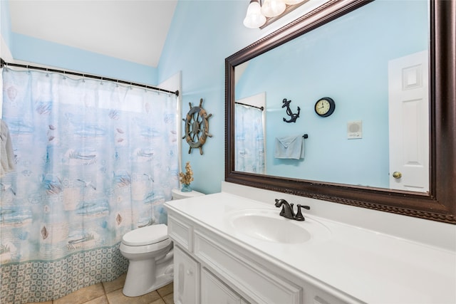 full bathroom with lofted ceiling, toilet, vanity, a shower with curtain, and tile patterned floors