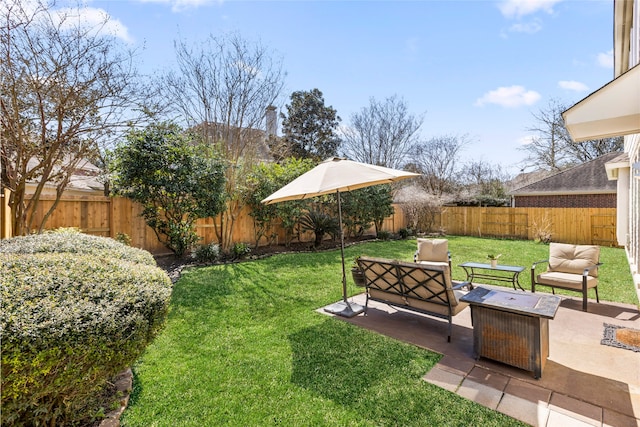 view of yard with a patio area, a fenced backyard, and an outdoor living space