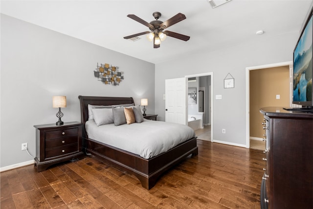 bedroom with dark wood-type flooring, a ceiling fan, visible vents, and baseboards