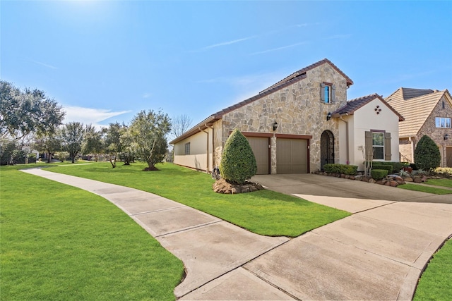 view of front of house with a garage, concrete driveway, stone siding, a front lawn, and stucco siding