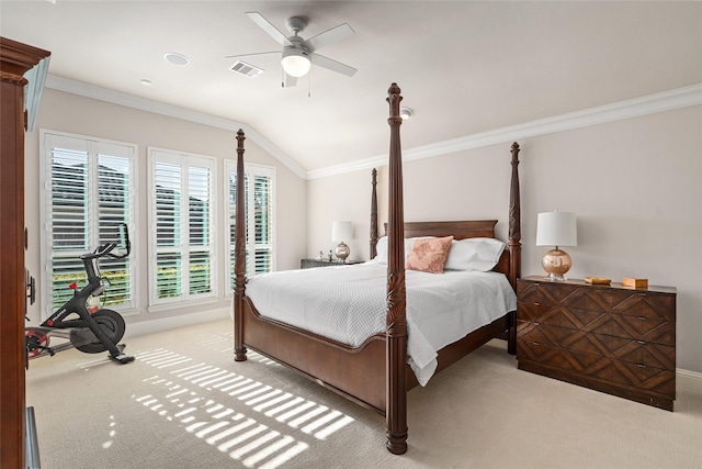 bedroom with light carpet, ornamental molding, vaulted ceiling, and visible vents