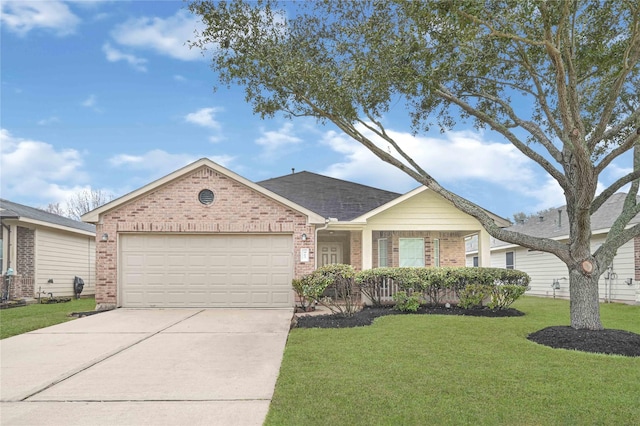 single story home with an attached garage, brick siding, driveway, roof with shingles, and a front yard