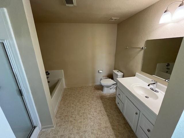 full bathroom with toilet, vanity, visible vents, a bath, and a stall shower