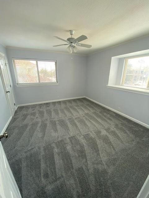 spare room with ornamental molding, carpet, a ceiling fan, and baseboards