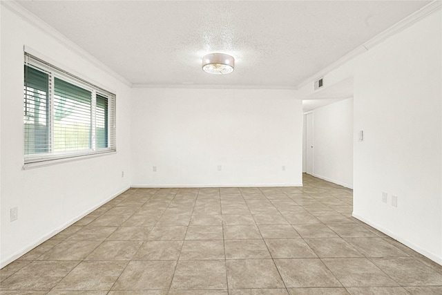 unfurnished room featuring light tile patterned floors, visible vents, ornamental molding, a textured ceiling, and baseboards