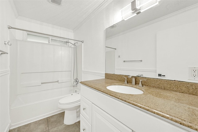 full bath with shower / bath combination, toilet, tile patterned floors, crown molding, and vanity