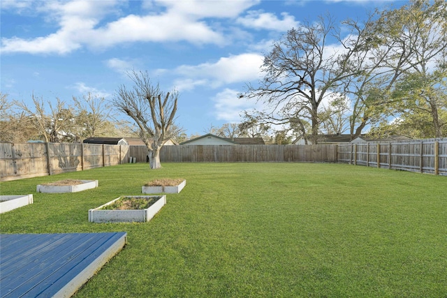 view of yard featuring a fenced backyard and a vegetable garden