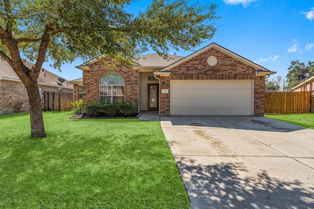 ranch-style home with an attached garage, driveway, brick siding, and a front yard