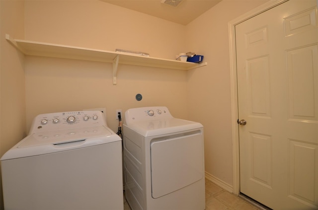 washroom with visible vents, separate washer and dryer, and laundry area