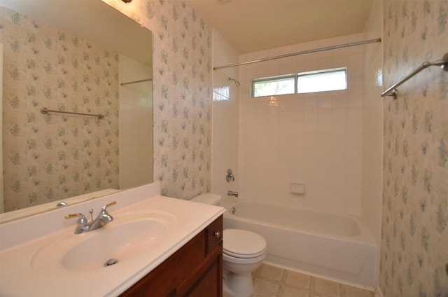 full bath with wallpapered walls, toilet, vanity, and shower / bath combination