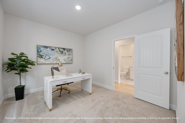 carpeted home office featuring recessed lighting and baseboards