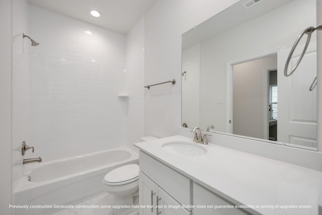 bathroom with toilet, recessed lighting, shower / washtub combination, and vanity