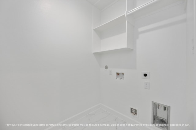 laundry room with laundry area, gas dryer hookup, hookup for a washing machine, marble finish floor, and hookup for an electric dryer