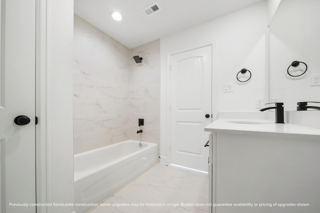 bathroom with shower / bathtub combination, recessed lighting, visible vents, vanity, and marble finish floor