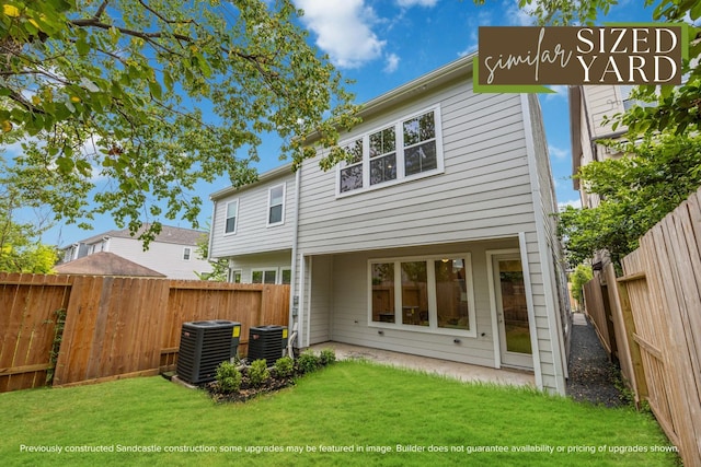 rear view of property featuring a lawn, cooling unit, and a fenced backyard
