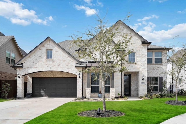 french provincial home with driveway, brick siding, a garage, and a front yard