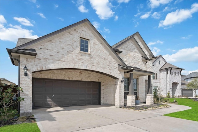 french country style house featuring brick siding, driveway, and an attached garage