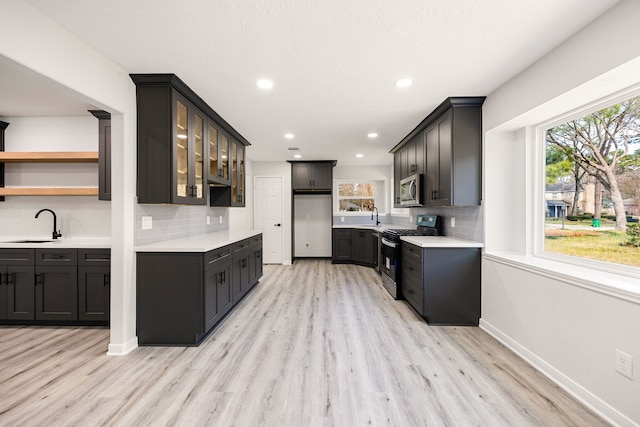 kitchen featuring stainless steel appliances, light wood-style floors, glass insert cabinets, a sink, and baseboards