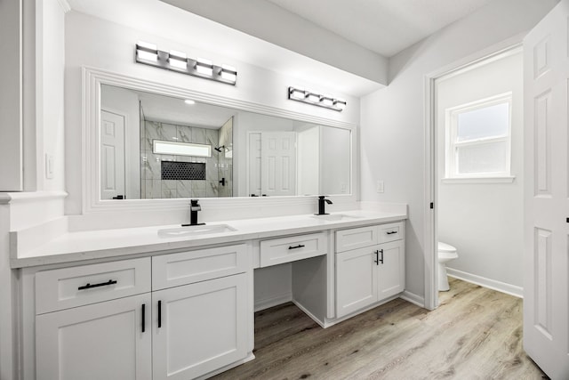 bathroom with double vanity, a stall shower, a sink, and wood finished floors