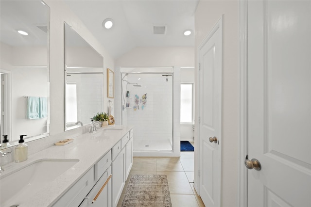 bathroom featuring double vanity, a stall shower, visible vents, tile patterned floors, and a sink