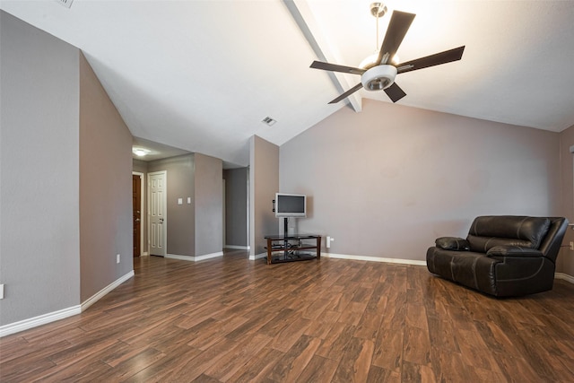 unfurnished room featuring vaulted ceiling with beams, visible vents, ceiling fan, wood finished floors, and baseboards