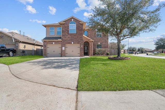 traditional-style home with concrete driveway, brick siding, a front lawn, and fence