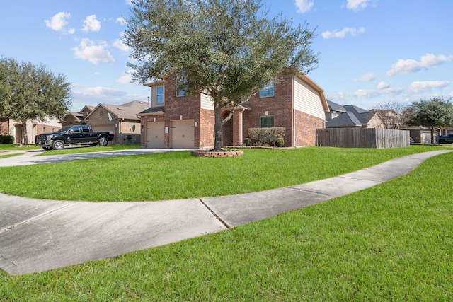 view of front of house featuring brick siding, fence, a garage, a residential view, and driveway