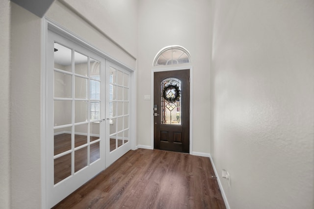 entrance foyer featuring french doors, a healthy amount of sunlight, wood finished floors, and baseboards