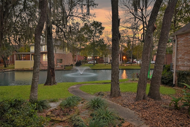 view of community with a water view and a yard