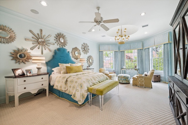 carpeted bedroom featuring a ceiling fan, recessed lighting, visible vents, and crown molding