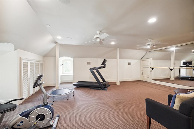 workout room featuring lofted ceiling, ceiling fan, and recessed lighting