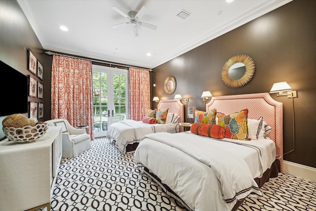 carpeted bedroom featuring french doors, crown molding, recessed lighting, visible vents, and a ceiling fan