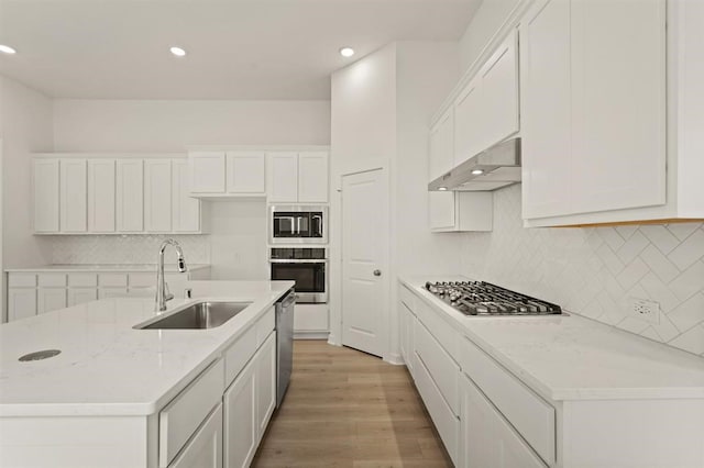 4918 Shore Arbor Ln, Katy, TX 77493 - kitchen featuring a sink, appliances with stainless steel finishes, under cabinet range hood, white cabinetry, and light wood-type flooring