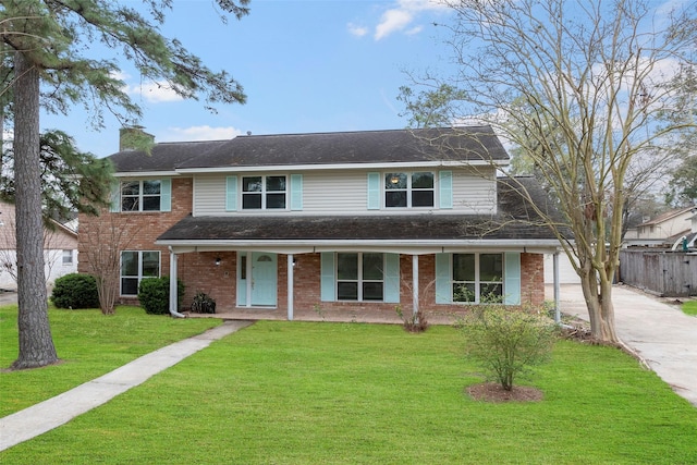 view of front of property featuring brick siding, a chimney, and a front yard