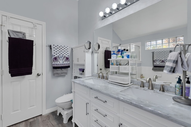 full bath featuring a sink, a shower stall, wood finished floors, and double vanity