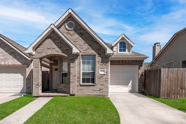 view of front of property with brick siding, fence, a garage, and driveway