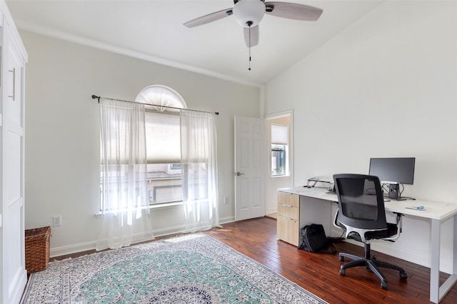 office with vaulted ceiling, ceiling fan, dark wood-style flooring, and baseboards