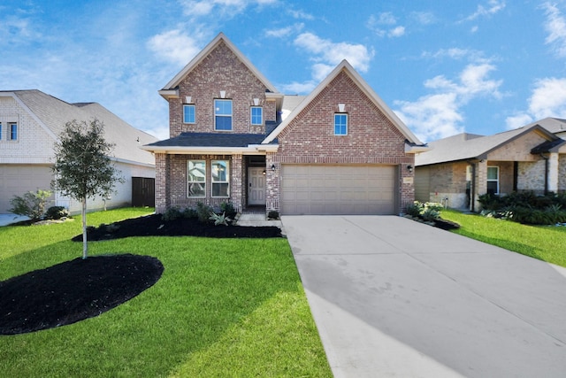 view of front facade with driveway, brick siding, a front lawn, and fence