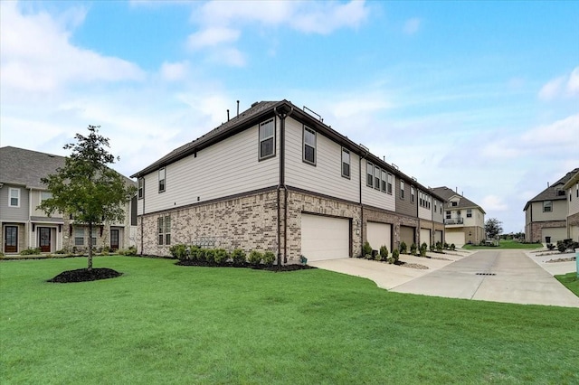 view of property exterior featuring a lawn, driveway, brick siding, and a garage