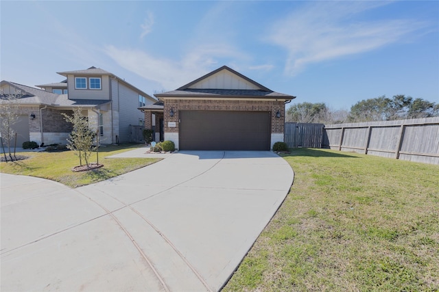 ranch-style home with brick siding, an attached garage, a front yard, fence, and driveway